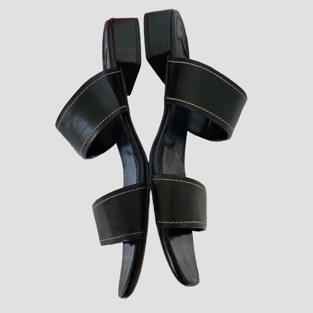 VINTAGE BLACK PRADA SLIP ON SLIDES LEATHER SANDALS WITH SILVER BUCKLE - Picture 9 of 16